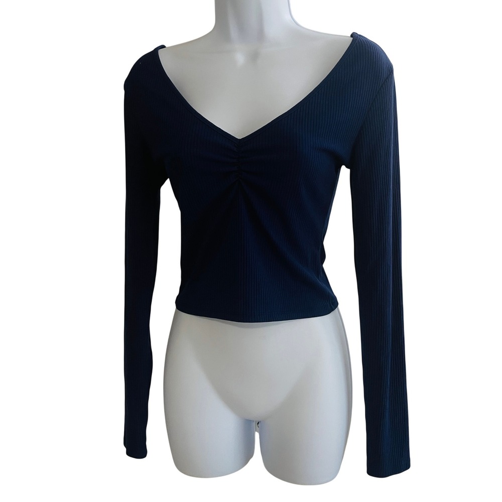 PacSun Womens Y2K Preppy Ribbed V Neck Crop Sweater XS Blue Coastal Fisherman
